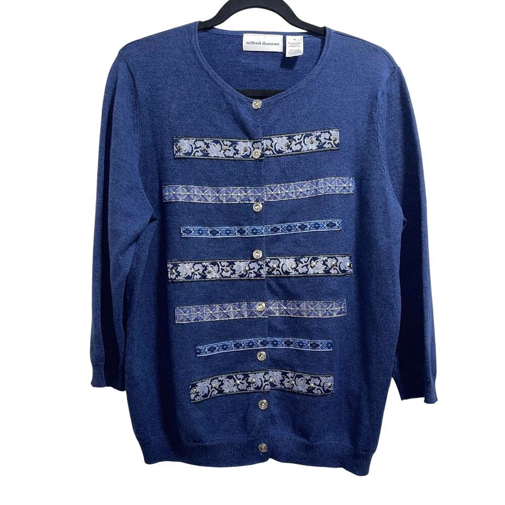 Alfred Dunner Grandmacore Cardigan Embroidered Rhinstone 3/4 Sleeve Med.